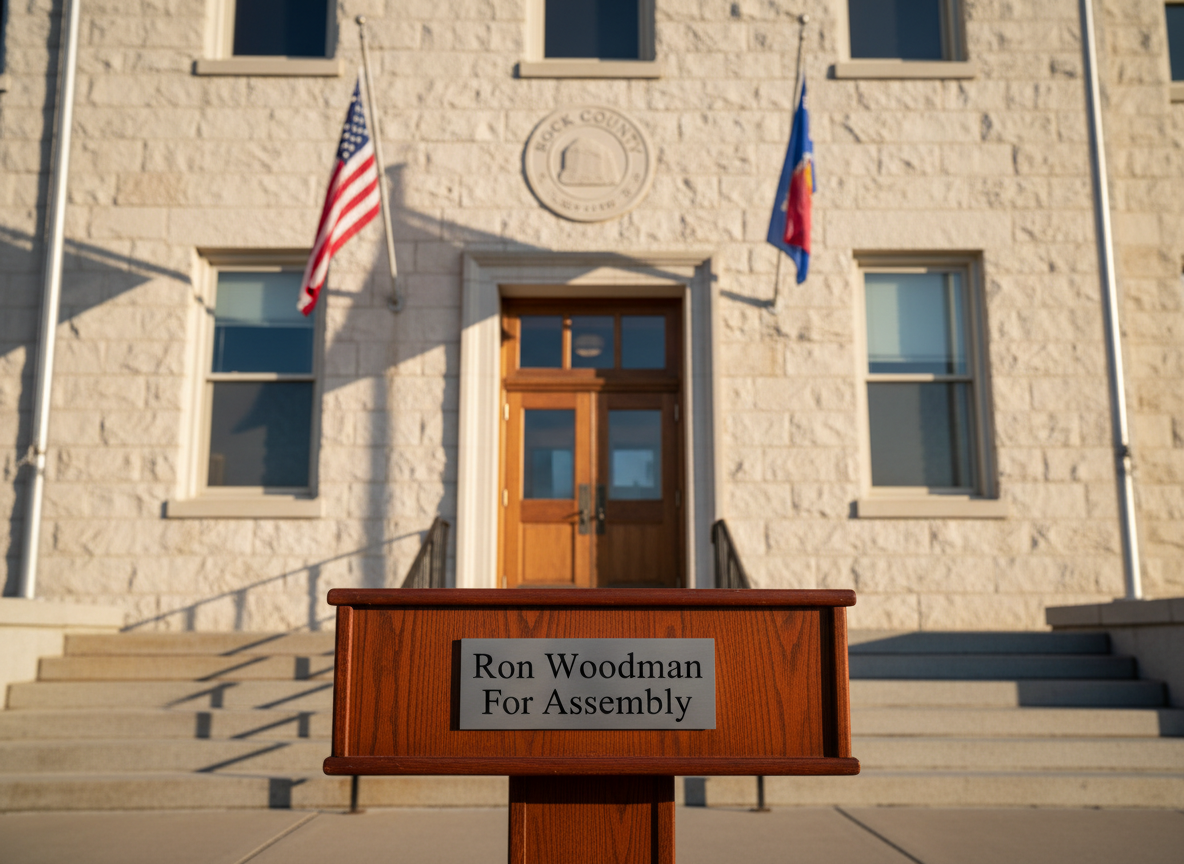A polished wooden podium with a small metal nameplate reading “Ron Woodman For Assembly,” standing on the steps of a classic Midwestern county courthouse. The courthouse facade shows pale limestone blocks, tall rectangular windows, and an engraved “Rock County” seal above the doors. Late afternoon natural light casts soft, directional shadows across the stone, highlighting its subtle texture. American and state flags hang unfurled on either side of the entrance, slightly out of focus. Photographic realism at eye-level, with a shallow depth of field that keeps the podium and seal sharp while gently blurring the background, creating a professional, trustworthy, and civic-focused atmosphere suitable for a political campaign homepage.