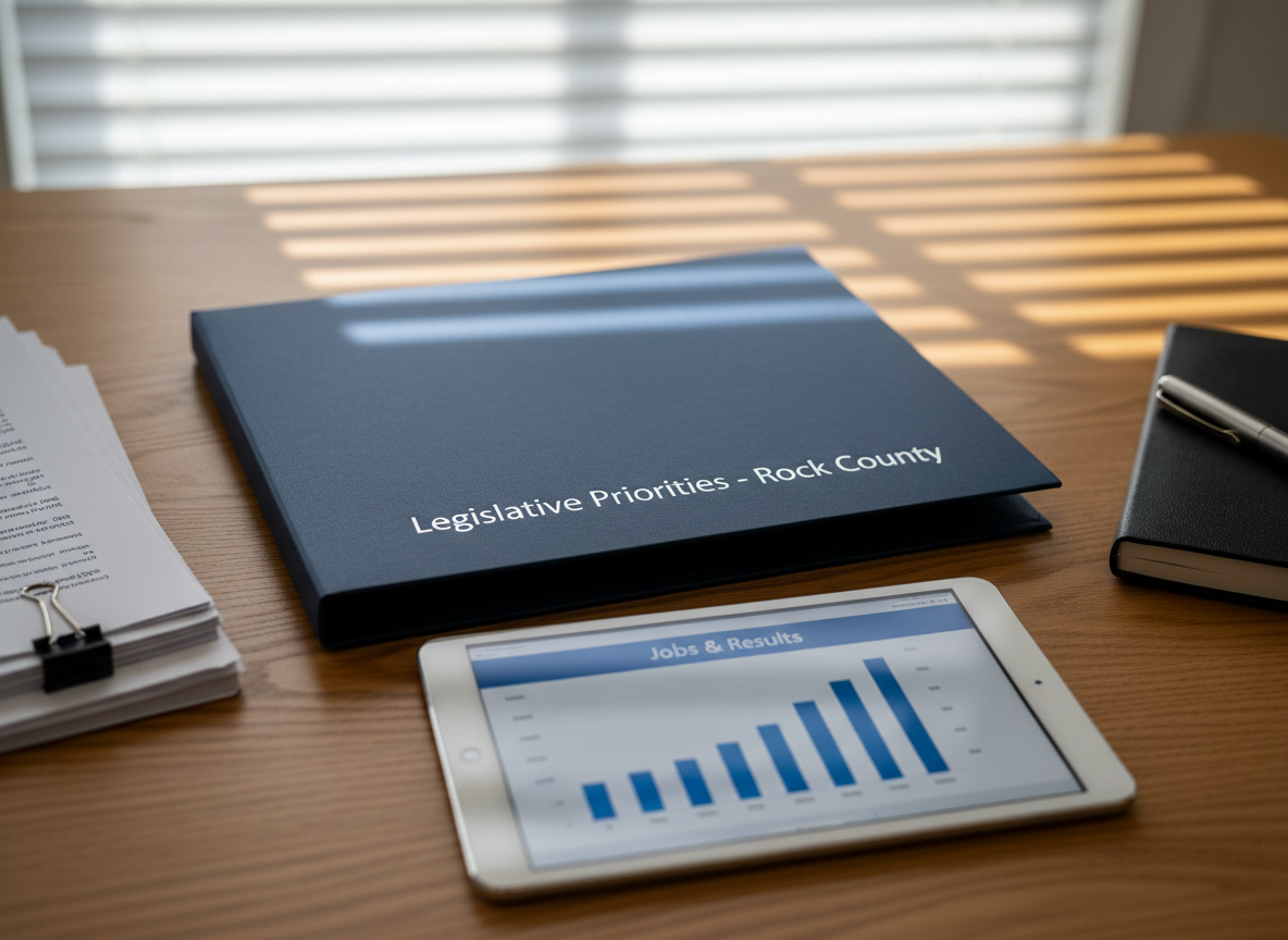A detailed close-up of a crisp, navy-blue folder labeled “Legislative Priorities – Rock County” in embossed silver lettering, resting on a smooth oak desk in a well-organized office. Around it sit neatly stacked policy documents, a stainless-steel pen, and a tablet displaying a clean bar chart labeled “Jobs & Results.” Soft, diffused daylight filters through blinds in the background, creating gentle linear shadows across the desk surface. The photographic image is shot from a slightly elevated angle with rule-of-thirds composition, emphasizing clarity and order. The mood is highly professional, focused, and transparent, conveying effective governance and results-oriented leadership without any human presence.