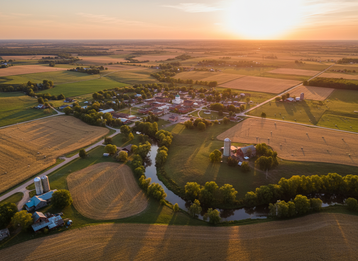 An expansive aerial photographic view of a Rock County landscape at golden hour, with patchwork fields, a winding river, and a small town center featuring brick buildings and a modest white-domed courthouse. Warm, low-angle sunlight bathes the scene, creating long, soft shadows from silos, barns, and tree lines. Roads radiate outward, suggesting connection and accessibility. The camera looks down at a gentle diagonal, capturing both horizon and community detail in sharp focus. The atmosphere feels optimistic and grounded, emphasizing local roots and regional diversity. Colors are natural yet vibrant, highlighting rich greens, earthy browns, and the soft glow of the sky to symbolize growth, stability, and pride in place.